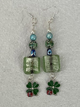 Load image into Gallery viewer, Pair of Handmade Bespoke Silver Plated Beaded Dangle Earrings - 4 Leaf Clover Ladybird