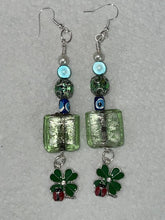 Load image into Gallery viewer, Pair of Handmade Bespoke Silver Plated Beaded Dangle Earrings - 4 Leaf Clover Ladybird