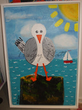 Load image into Gallery viewer, MIXED MEDIA COLLAGE ON CANVAS IN FRAME - Seagull on a Rock, Cornwall