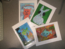 Load image into Gallery viewer, PACK OF 4 PRINTED CARDS - Animals - Fish x 2, Rabbit, Cat