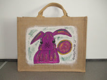 Load image into Gallery viewer, HAND PAINTED ART BAG - Jute Tote Shopping Bag - Rabbit - NOW SOLD!