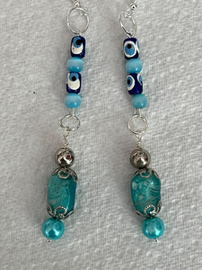 Pair of Handmade Bespoke Silver Plated Beaded Dangle Earrings - Ocean Blue