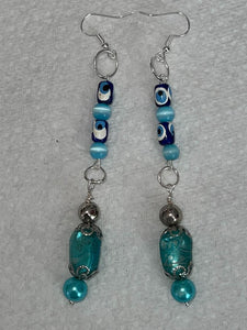 Pair of Handmade Bespoke Silver Plated Beaded Dangle Earrings - Ocean Blue