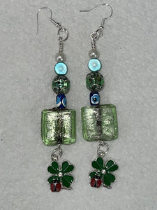 Pair of Handmade Bespoke Silver Plated Beaded Dangle Earrings - 4 Leaf Clover Ladybird