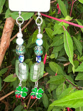Load image into Gallery viewer, Pair of Handmade Bespoke Silver Plated Beaded Dangle Earrings - 4 Leaf Clover Ladybird
