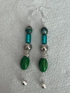 Pair of Handmade Bespoke Silver Plated Beaded Dangle Earrings - Tinkly Bell Charms