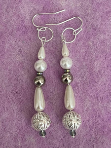 Pair of Handmade Bespoke Silver Plated Beaded Pearl Dangle Earrings - Wedding