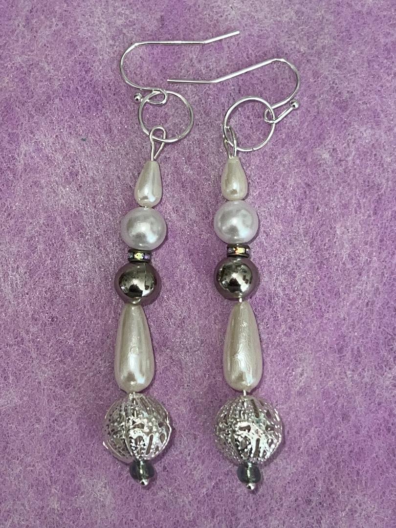 Pair of Handmade Bespoke Silver Plated Beaded Pearl Dangle Earrings - Wedding