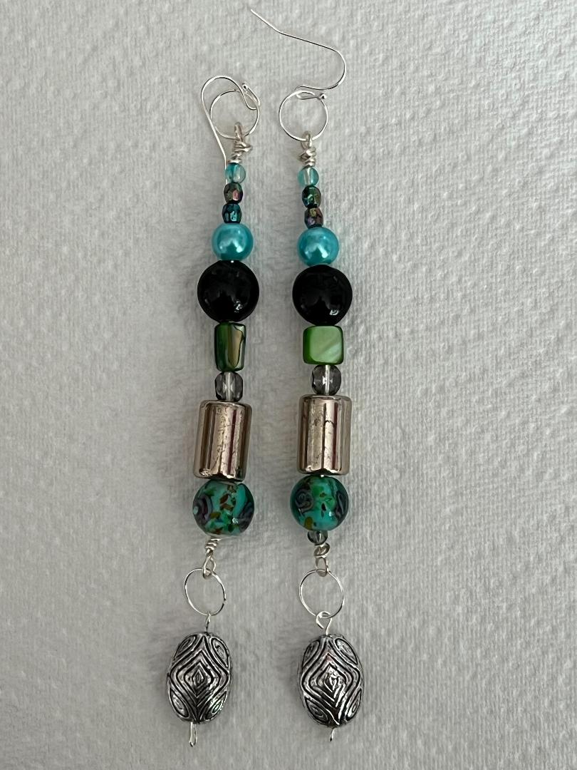 Pair of Handmade Bespoke Silver Plated Beaded Dangle Earrings - Greens & Blues