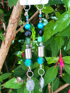 Pair of Handmade Bespoke Silver Plated Beaded Dangle Earrings - Greens & Blues