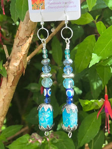 Pair of Handmade Bespoke Silver Plated Beaded Dangle Earrings - Cornish Ocean Blues