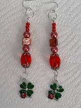 Load image into Gallery viewer, Pair of Handmade Bespoke Silver Plated Beaded Dangle Earrings - Ladybird on Four Leaf Clover
