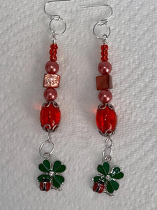 Pair of Handmade Bespoke Silver Plated Beaded Dangle Earrings - Ladybird on Four Leaf Clover