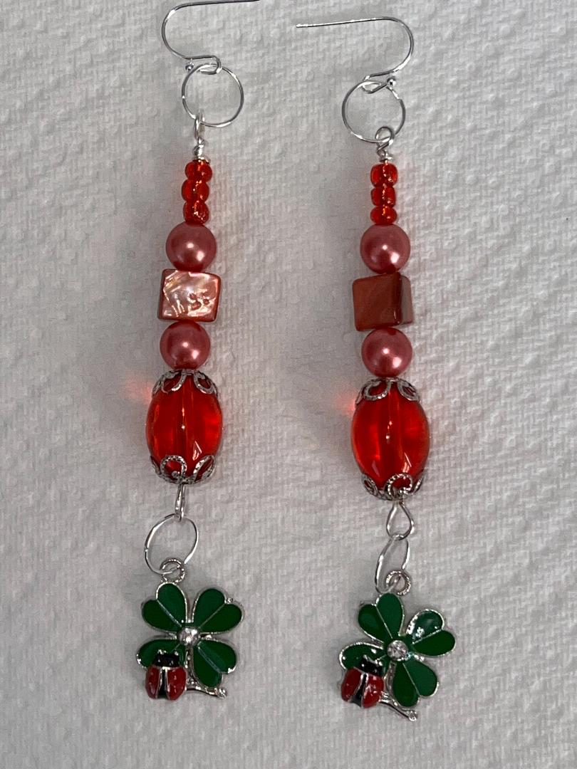 Pair of Handmade Bespoke Silver Plated Beaded Dangle Earrings - Ladybird on Four Leaf Clover