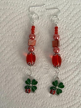 Load image into Gallery viewer, Pair of Handmade Bespoke Silver Plated Beaded Dangle Earrings - Ladybird on Four Leaf Clover
