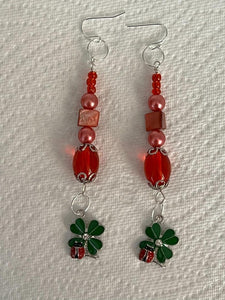 Pair of Handmade Bespoke Silver Plated Beaded Dangle Earrings - Ladybird on Four Leaf Clover