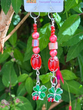 Load image into Gallery viewer, Pair of Handmade Bespoke Silver Plated Beaded Dangle Earrings - Ladybird on Four Leaf Clover
