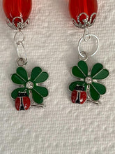 Load image into Gallery viewer, Pair of Handmade Bespoke Silver Plated Beaded Dangle Earrings - Ladybird on Four Leaf Clover
