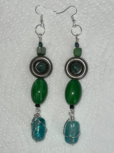 Pair of Handmade Bespoke Silver Plated Beaded Dangle Earrings - Greens