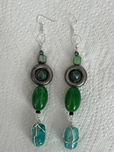 Load image into Gallery viewer, Pair of Handmade Bespoke Silver Plated Beaded Dangle Earrings - Greens
