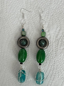 Pair of Handmade Bespoke Silver Plated Beaded Dangle Earrings - Greens