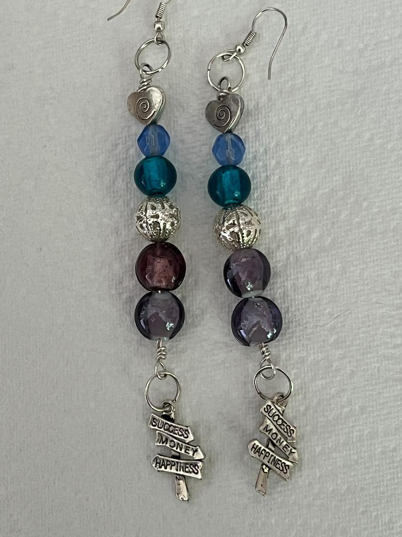 Pair of Handmade Bespoke Silver Plated Beaded Dangle Earrings - Success Money Happiness