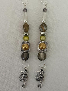 Pair of Handmade Bespoke Silver Plated Beaded Dangle Earrings - Seahorses