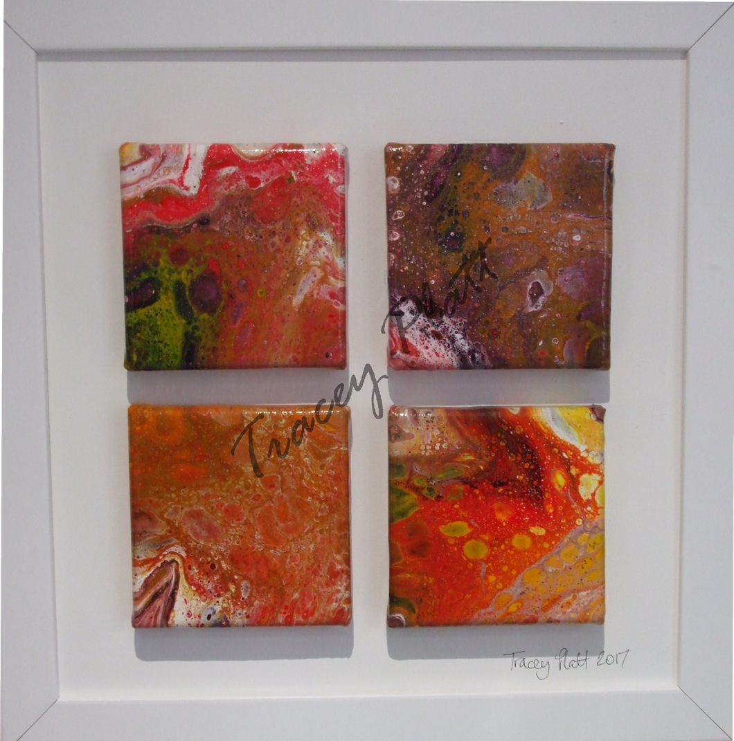 4 x ACRYLIC FLOW ART PAINTINGS ON MINI CANVASES - Four Happy Days