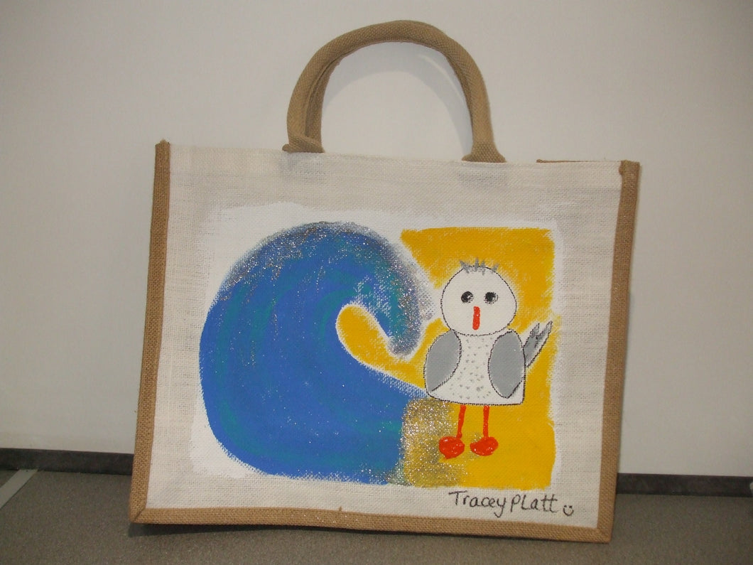 HAND PAINTED ART BAG - Jute Tote Shopping Bag - SEAGULL & WAVE