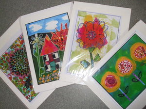 PACK OF 4 PRINTED CARDS - Flowers x 3, House & Garden x 1