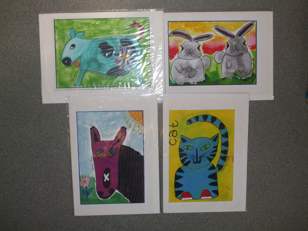 PACK OF 4 PRINTED CARDS - Animals - Rabbits, Dog, Horse, Cat