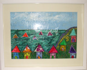 MIXED MEDIA COLLAGE IN FRAME - Houses by the Sea, Cornwall