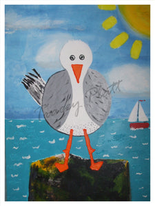 MIXED MEDIA COLLAGE ON CANVAS IN FRAME - Seagull on a Rock, Cornwall