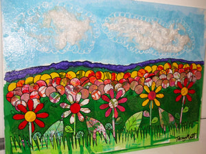 UNFRAMED MIXED MEDIA COLLAGE ON BOARD - Flowers In The Meadow