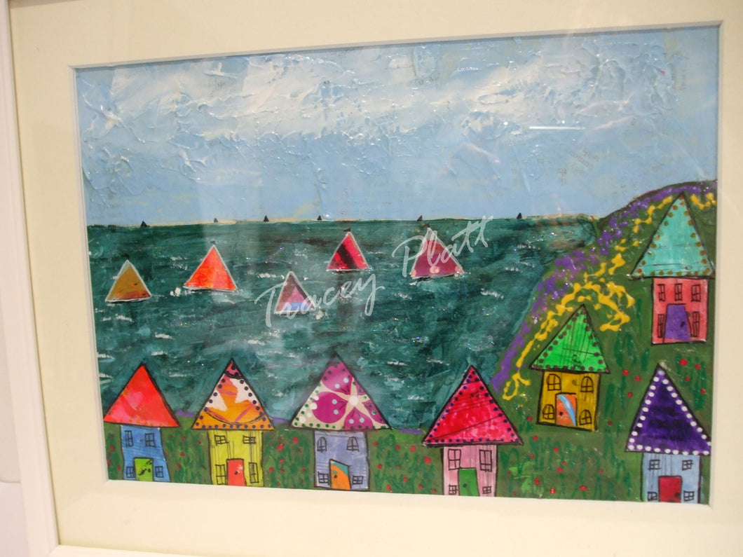 MIXED MEDIA COLLAGE IN FRAME - Houses by the Sea, Cornwall