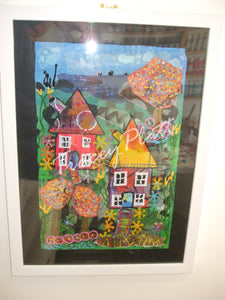 MIXED MEDIA COLLAGE ON CARD in FRAME - Houses on Cornish Hillside