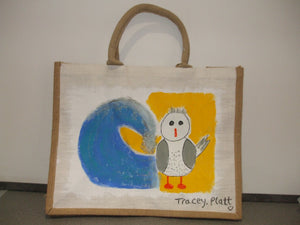 HAND PAINTED ART BAG - Jute Tote Shopping Bag - SEAGULL & WAVE