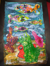 Load image into Gallery viewer, MIXED MEDIA COLLAGE ON CARD IN FRAME - Fish in the Cornish Ocean - SOLD!
