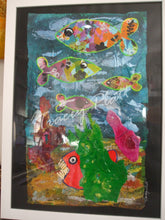 Load image into Gallery viewer, MIXED MEDIA COLLAGE ON CARD IN FRAME - Fish in the Cornish Ocean - SOLD!
